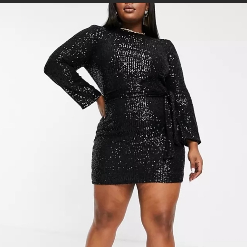 ASOS Club L London Sequin Belted Long Sleeve Mini Dress NEW w Tag Black Sz 16